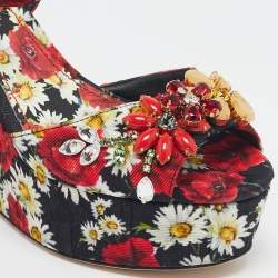 Dolce & Gabbana Red Floral Print Brocade Fabric Wedge Sandals Size 35