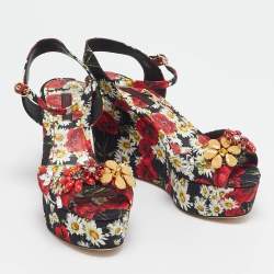 Dolce & Gabbana Red Floral Print Brocade Fabric Wedge Sandals Size 35