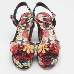 Dolce & Gabbana Red Floral Print Brocade Fabric Wedge Sandals Size 35