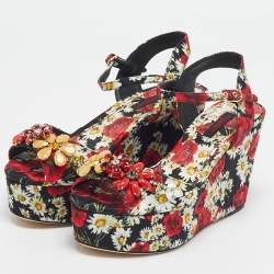 Dolce & Gabbana Red Floral Print Brocade Fabric Wedge Sandals Size 35