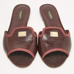 Pre Owned Dolce & Gabbana Burgundy Lizard Embossed Leather Sofia Flat Slides Size 39