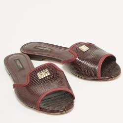 Pre Owned Dolce & Gabbana Burgundy Lizard Embossed Leather Sofia Flat Slides Size 39