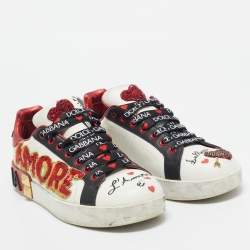 Pre Owned Dolce & Gabbana Multicolor Leather Amore Heart Embroidered Low Top Sneakers Size 38