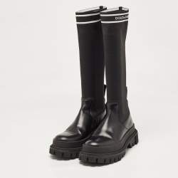 Pre Owned Dolce & Gabbana Black Leather and Stretch Fabric Knee Polyester Length Boots Size 40