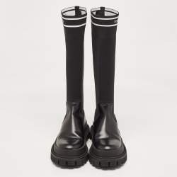 Pre Owned Dolce & Gabbana Black Leather and Stretch Fabric Knee Polyester Length Boots Size 40