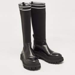 Pre Owned Dolce & Gabbana Black Leather and Stretch Fabric Knee Polyester Length Boots Size 40
