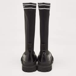 Pre Owned Dolce & Gabbana Black Leather and Stretch Fabric Knee Polyester Length Boots Size 40