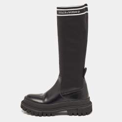 Pre Owned Dolce & Gabbana Black Leather and Stretch Fabric Knee Polyester Length Boots Size 40