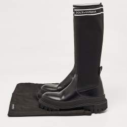 Pre Owned Dolce & Gabbana Black Leather and Stretch Fabric Knee Polyester Length Boots Size 40