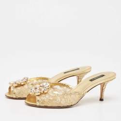 Pre Owned Dolce & Gabbana Gold Lace Taormina Slide Sandals Size 39