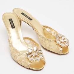 Pre Owned Dolce & Gabbana Gold Lace Taormina Slide Sandals Size 39