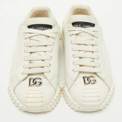 Pre Owned Dolce & Gabbana White Leather Logo Lettering Low Top Sneakers Size 40