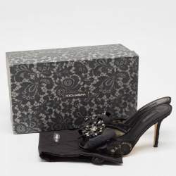 Pre Owned Dolce & Gabbana Black Lace Crystal Bow Taormina Mules Size 37