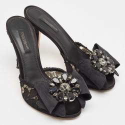 Pre Owned Dolce & Gabbana Black Lace Crystal Bow Taormina Mules Size 37