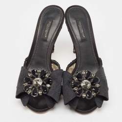 Pre Owned Dolce & Gabbana Black Lace Crystal Bow Taormina Mules Size 37
