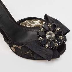 Pre Owned Dolce & Gabbana Black Lace Crystal Bow Taormina Mules Size 37