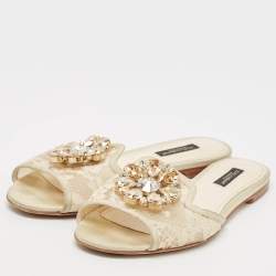 Dolce & Gabbana Light Cream Lace Crystal Bianca Slide Flats Size 37.5
