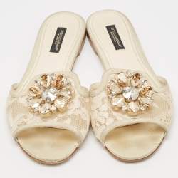 Dolce & Gabbana Light Cream Lace Crystal Bianca Slide Flats Size 37.5