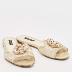 Dolce & Gabbana Light Cream Lace Crystal Bianca Slide Flats Size 37.5