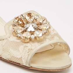 Dolce & Gabbana Light Cream Lace Crystal Bianca Slide Flats Size 37.5