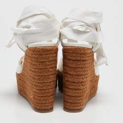 Pre Owned Dolce & Gabbana White Lace and Canvas Espadrille Platform Wedge Sandals Size 37