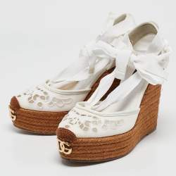 Pre Owned Dolce & Gabbana White Lace and Canvas Espadrille Platform Wedge Sandals Size 37