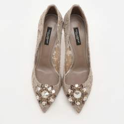 Pre Owned Dolce & Gabbana Beige Lace Bellucci Crystal Embellished Pointed Toe Pumps Size 38