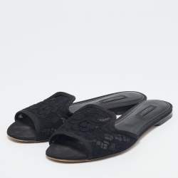 Dolce & Gabbana Black Lace and Mesh Flat Slides Size 36.5