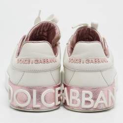 Pre Owned Dolce & Gabbana White/Pink  Leather Portofino Low Top Sneakers Size 38