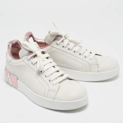Pre Owned Dolce & Gabbana White/Pink  Leather Portofino Low Top Sneakers Size 38