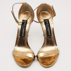 Pre Owned Dolce & Gabbana Gold Mirror Leather Ankle Strap Sandals Size 37.5