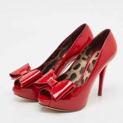 Dolce & Gabbana Red Patent Leather Bow Peep Toe Platform Pumps Size 39