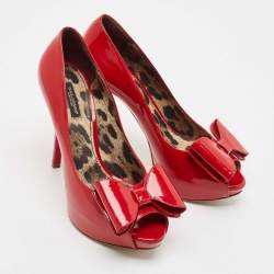Dolce & Gabbana Red Patent Leather Bow Peep Toe Platform Pumps Size 39