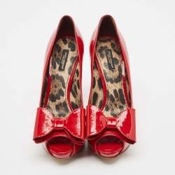 Dolce & Gabbana Red Patent Leather Bow Peep Toe Platform Pumps Size 39