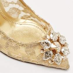 Pre Owned Dolce & Gabbana Gold Lace and Mesh Bellucci Pumps Size 38