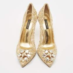 Pre Owned Dolce & Gabbana Gold Lace and Mesh Bellucci Pumps Size 38