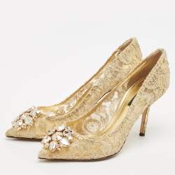 Pre Owned Dolce & Gabbana Gold Lace and Mesh Bellucci Pumps Size 38