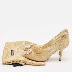 Pre Owned Dolce & Gabbana Gold Lace and Mesh Bellucci Pumps Size 38