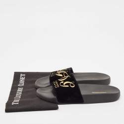 Dolce & Gabbana Black Velvet DG Embroidered Flat Pool Slides Size 37