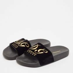 Dolce & Gabbana Black Velvet DG Embroidered Flat Pool Slides Size 37