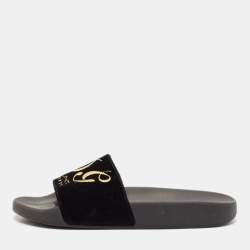 Dolce & Gabbana Black Velvet DG Embroidered Flat Pool Slides Size 37