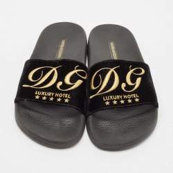 Dolce & Gabbana Black Velvet DG Embroidered Flat Pool Slides Size 37