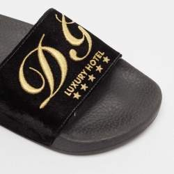 Dolce & Gabbana Black Velvet DG Embroidered Flat Pool Slides Size 37