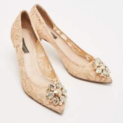 Dolce & Gabbana Beige Lace Bellucci Crystal Embellished Pointed Toe Pumps Size 38