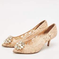 Dolce & Gabbana Beige Lace Bellucci Crystal Embellished Pointed Toe Pumps Size 38