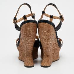 Pre Owned Dolce & Gabbana Black/Beige Patent and Raffia Cork Wedge Ankle Strap Sandals Size 39