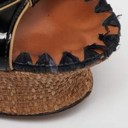 Pre Owned Dolce & Gabbana Black/Beige Patent and Raffia Cork Wedge Ankle Strap Sandals Size 39