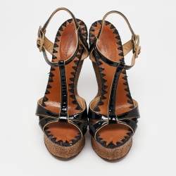 Pre Owned Dolce & Gabbana Black/Beige Patent and Raffia Cork Wedge Ankle Strap Sandals Size 39