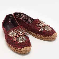 Dolce & Gabbana Burgundy Lace Embellished Espadrille Flats Size 40