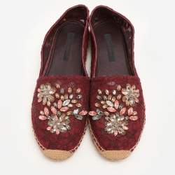 Dolce & Gabbana Burgundy Lace Embellished Espadrille Flats Size 40